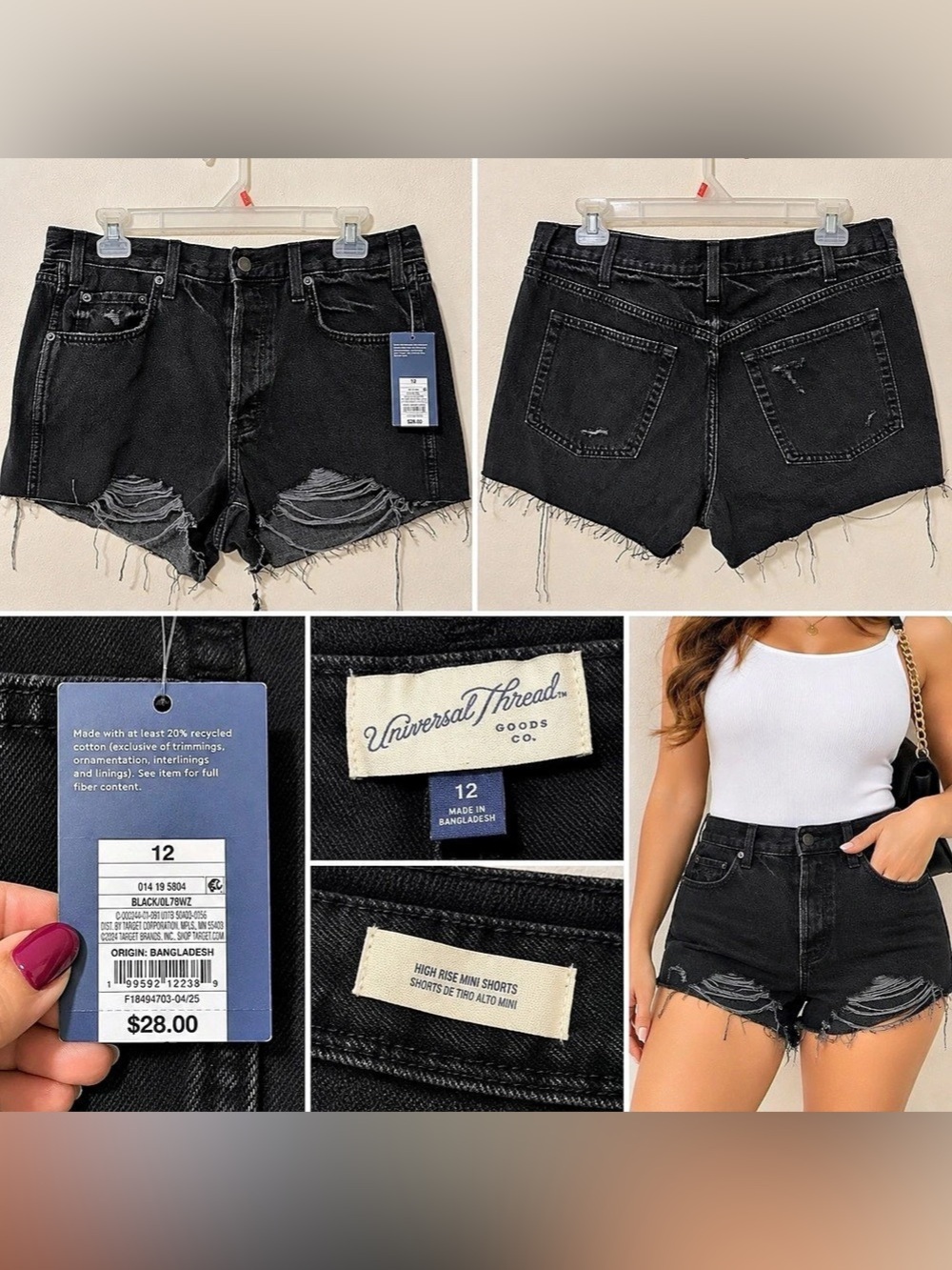 Universal Thread Mini Cut-Off Shorts Distressed Denim Shorts in Black Size 12
